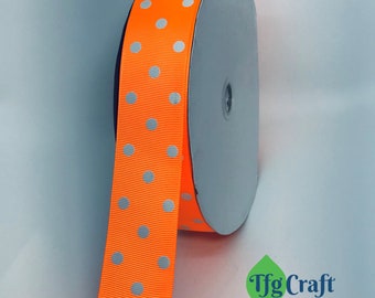 Grosgrain Ribbon Polka Dot Orange with White Dot | Grosgrain Ribbon by the yard | Double Face Ribbon | 1 1/2 inches wide
