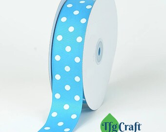 Grosgrain Ribbon Polka Dot Turquoise with White Dot | Grosgrain Ribbon by the yard | Double Face Ribbon | 1 1/2 inches wide