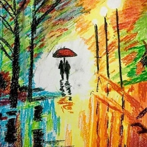 CUSTOM ORIGINAL Couple under umbrella , Custom Oil Pastels on Paper, Digital Download