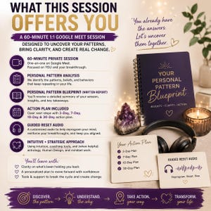 Op de afbeelding: Een promotionele afbeelding voor een 60 minuten durende 1:1 Google Meet-sessie getiteld What This Session Offers You. Het bevat een spiraalgebonden notitieboek met de tekst Your Personal Pattern Blueprint, een paars amethistkristal, een koptelefoon en twee kaarten.