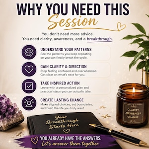 Op de afbeelding: Een promotionele afbeelding met de titel WHY YOU NEED THIS Session en tekst over helderheid en doorbraken. Het bevat een lijst met vier punten en iconen, een zwart notitieboek met gouden tekst, een brandende amberkleurige kaars en amethist.