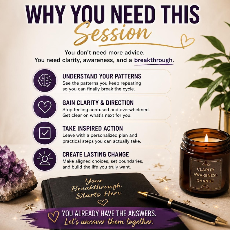 Op de afbeelding: Een promotionele afbeelding met de titel WHY YOU NEED THIS Session en tekst over helderheid en doorbraken. Het bevat een lijst met vier punten en iconen, een zwart notitieboek met gouden tekst, een brandende amberkleurige kaars en amethist.