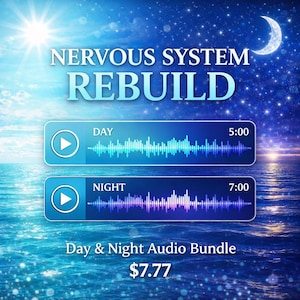 May include: A digital graphic with the words "NERVOUS SYSTEM REBUILD" in white and blue. Below are two audio player buttons labeled "DAY" and "NIGHT" with waveform visualizations. The background depicts a seascape with a sun, moon, and stars.