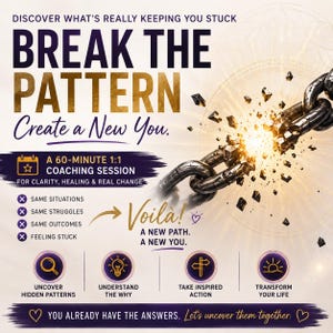 May include: A promotional graphic featuring a broken metal chain with text: DISCOVER WHAT'S REALLY KEEPING YOU STUCK, BREAK THE PATTERN, Create a New You, A 60-MINUTE 1:1 COACHING SESSION, Voilá! A NEW PATH. A NEW YOU. UNCOVER HIDDEN PATTERNS, UNDERSTAND THE WHY, TAKE INSPIRED ACTION, TRANSFORM YOUR LIFE, YOU ALREADY HAVE THE ANSWERS. Let's uncover them together.