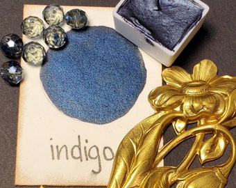 Indigo, Metallic, shimmering, handmade watercolor paint for painting, mixed media and paper scrapbooking, and stamping.
