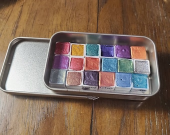18 mini .5ml pan set, Metallic, shimmering, handmade watercolor paint for painting, mixed media and paper scrapbooking, and stamping.