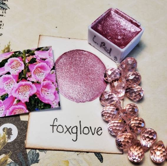 Foxglove Metallic, shimmering, handmade watercolor paint for painting, mixed media and paper scrapbooking, and stamping.