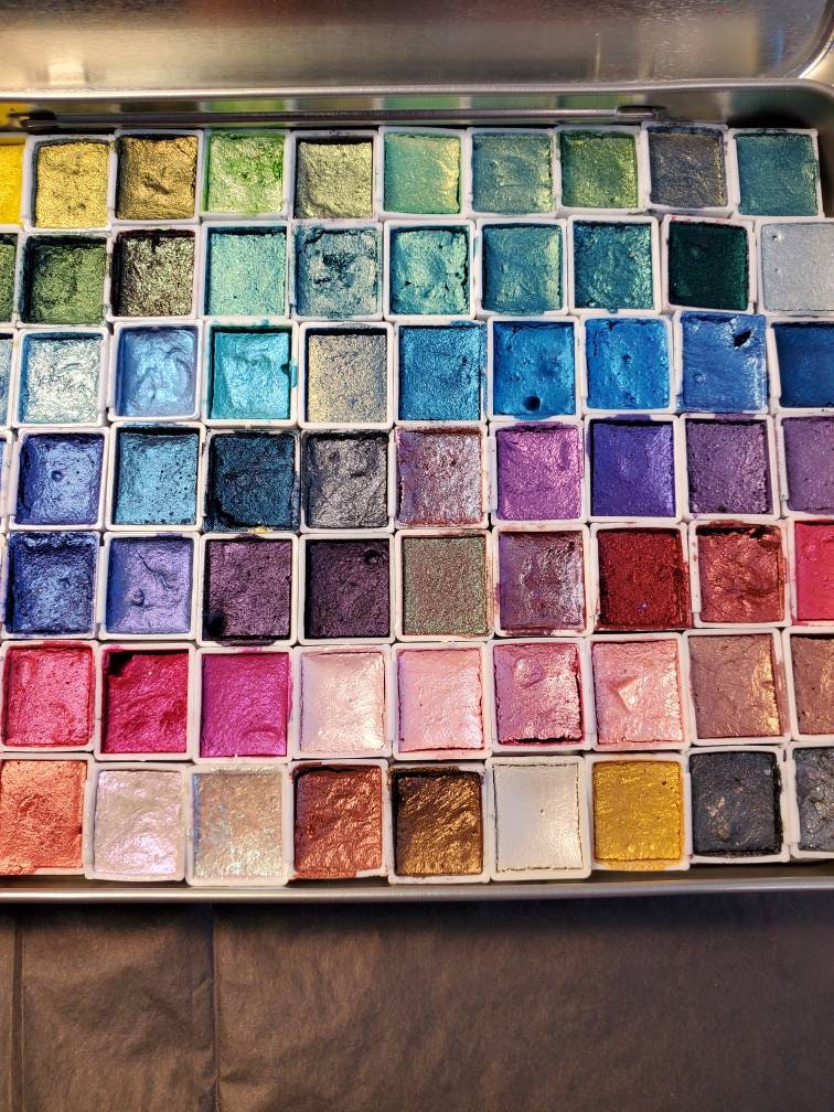 77 set watercolor paint pallet, metallic shimmery hand made watercolors