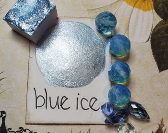 Blue Ice, Metallic, shimmering, handmade watercolor paint for painting, mixed media and paper scrapbooking, and stamping.