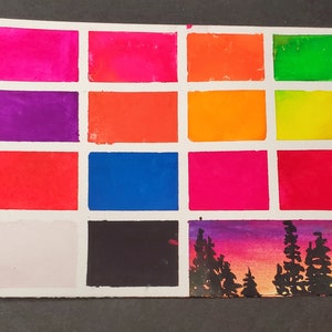 Neon set 14 half pans, handmade watercolor paint for painting, mixed media and paper scrapbooking, and stamping.