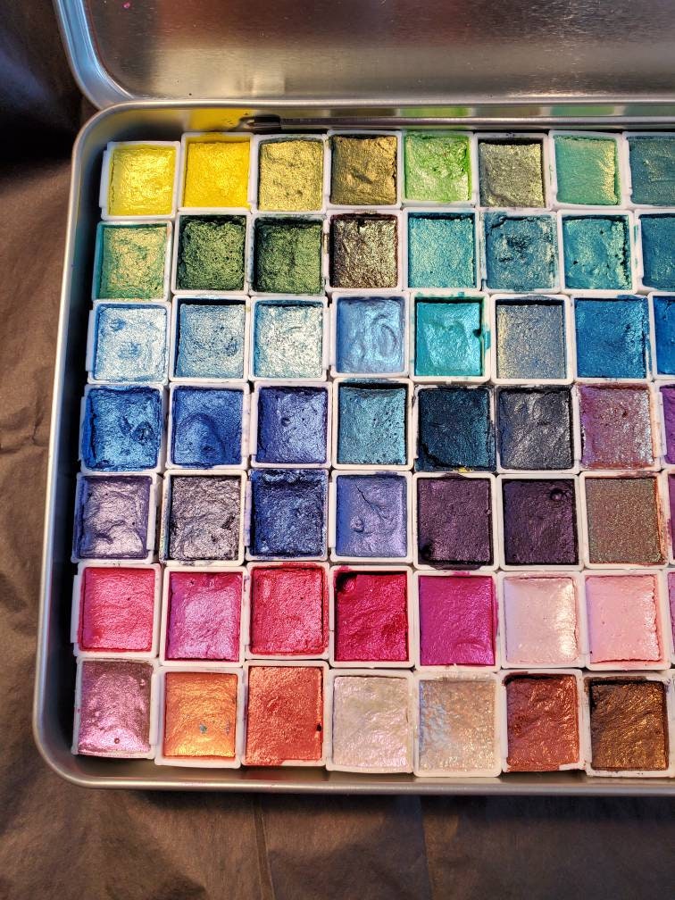 77 set watercolor paint pallet, metallic shimmery hand made watercolors