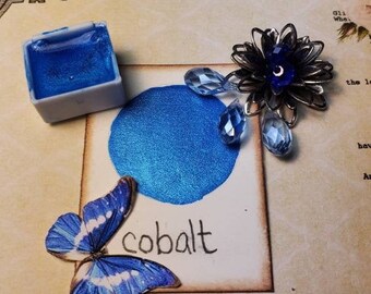 Cobalt Metallic, shimmering, handmade watercolor paint for painting, mixed media and paper scrapbooking, and stamping.