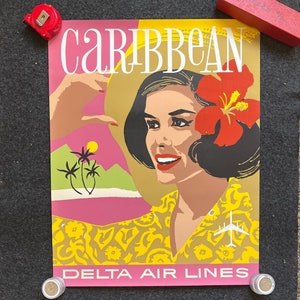Cartel de viaje del Caribe de los años 60, cartel de viaje original, cartel de viaje vintage, decoración de pared de recuerdos del Caribe, historia de arte latino, viajes