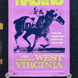 Cartel de viaje de Virginia Occidental de la década de 1970 Charleston Vintage Horse Racing - Arte original del Departamento de Turismo de Virginia Occidental