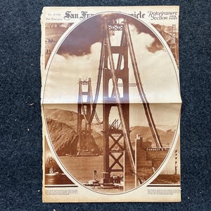 1936 Golden Gate Brückenkonstruktion Bild, San Francisco Souvenirs, Feier der SF Pride Geschichte, Bay Area Bridge, Vintage Zeitung