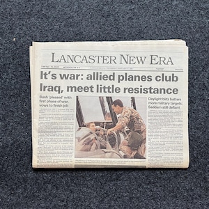 1991 beginnt der Betrieb Wüstensturmkrieg - Original Vintage-Zeitung - George Bush Sr erklärt dem irakischen Kuwait-Befreier Washington Post den Krieg