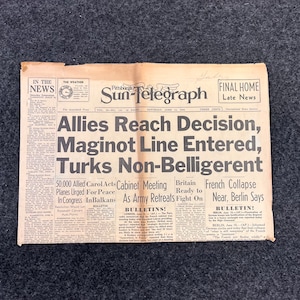 1940 WW2 Maginot Line Breached, Turkey Neutral - Britain to Remain at War, Vintage WW2 Memorabilia and Art