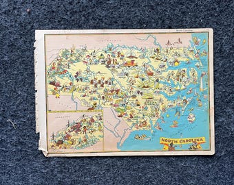 1931 tecknad bildkarta över NORTH CAROLINA, original atlasida, konstverk i stuga, vintage väggdekor, samlarobjekt i västerländsk stil, serietidningsgåvor