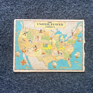 1931 Cartoon Verenigde Staten van Amerika, originele Atlas-pagina, Cottage Core Art, vintage muurdecoratie, westerse verzamelstijl, komische geschenken