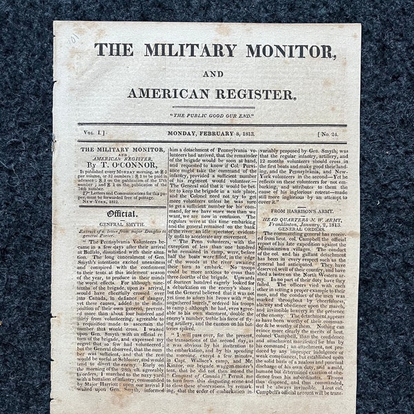 1813 Guerre américaine de 1812 Journal original, Cadeaux militaires américains vintage Histoire des États-Unis, Andrew Jackson Grande-Bretagne Bataille d'Orléans