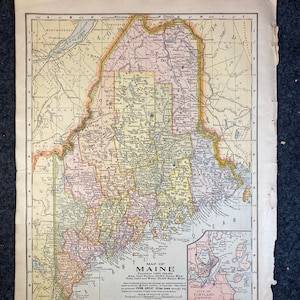 Original 1906 Doppelseitige Karte von Maine und Südamerika - Antike gerahmte oder ungerahmte Karte – Amerikanische Kartographie Vintage Atlas Map Wall