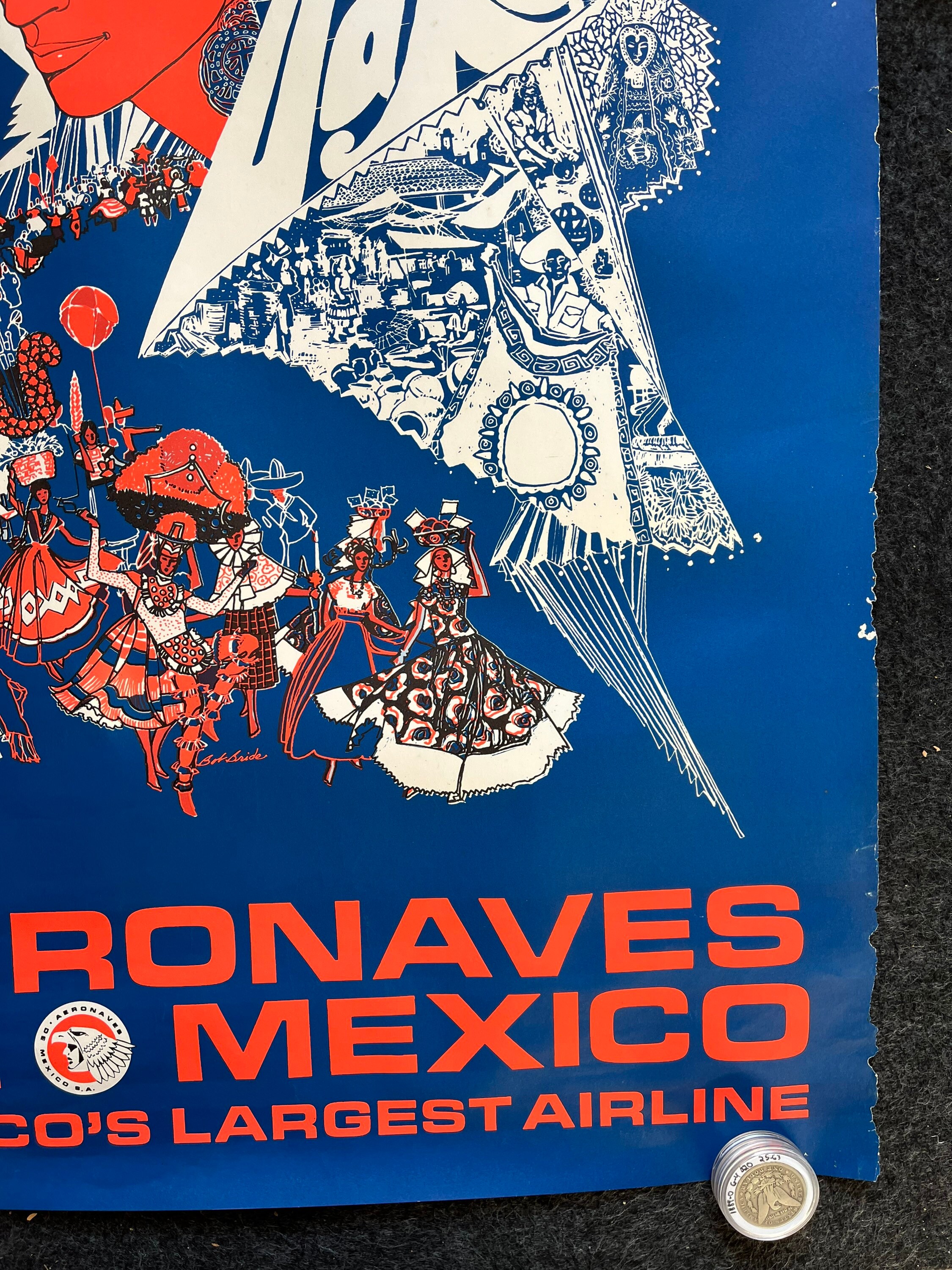 1960s Mexico Aeronaves De Mexico Original Travel Poster, Vintage