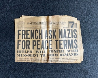1940 WW2 French Surrender to Germany - Paris Falls World War 2 Memorabilia and French History - Europes Darkest Hour - Vintage Newspaper