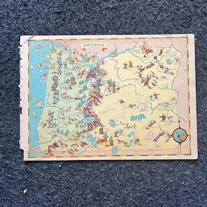 1931 Cartoon OREGON-afbeeldingskaart, originele Atlas-pagina, Cottage Core Art, vintage wanddecoratie, collectible westerse stijl, komische geschenken