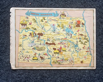 Mapa Dakoty Północnej z 1931 r. z kreskówek, Oryginalna strona Atlasu, Sztuka podstawowa Cottage, Dekoracja ścienna w stylu vintage, Kolekcjonerski styl zachodni, Prezenty komiksowe i sztuka