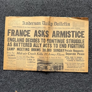 WW2 Kapitulation Frankreichs an Deutschland, Militärgeschenke, Geschenke für Papa, seinen Ehemann, Originale WW2-Memorabilia - Vintage Zeitung aus dem 2