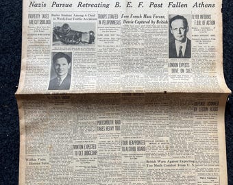 1941 WW2 Early Vintage Newspaper, Wall Decor, German Blitzkreig