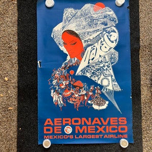 Década de 1960 México Aeronaves De México Original Travel Poster, Arte Mexicano Vintage, Arte de Aves de Pollo, Recuerdos de México, Obras de Arte Mexicanas, América Latina