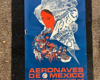 1960er Jahre Mexiko Aeronaves De Mexico Original Reiseplakat, Vintage mexikanische Kunst, Hühnervogelkunst, Mexiko-Souvenirs, mexikanisches Kunstwerk, Lateinamerikanische Kunst
