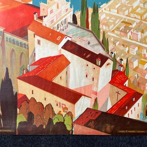 May include: A vintage illustration of a city scene with red-roofed buildings, a central square, and a church with a cross on the roof. The buildings are painted in a stylized, geometric style, with a focus on the architectural details. The illustration is set against a background of a blue sky and green trees.