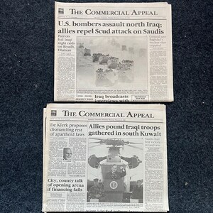 1991 beginnt der Betrieb Wüstensturmkrieg - Original Vintage-Zeitung - George Bush Sr erklärt dem irakischen Kuwait-Befreier Washington Post den Krieg
