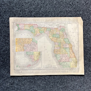 Carte de la Floride et de l'Alabama des années 1890, cartes originales de l'Atlas, décoration murale vintage, art mural de collection, cartes vintage, cadeaux anciens pour lui,