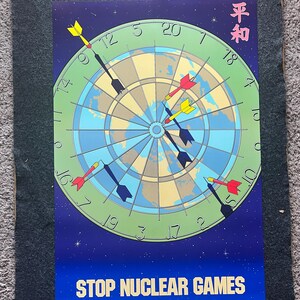 Cartel de propaganda original contra la guerra nuclear de Hiroshima de 1985, cartel de paz cuáquero, cartel vintage de la URSS, carrera espacial de la Guerra Fría,