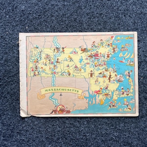 1931 Cartoon MASSACHUSETTS-afbeeldingskaart, originele Atlas-pagina, Cottage Core Art, vintage wanddecoratie, verzamelobject westerse stijl, komische geschenken