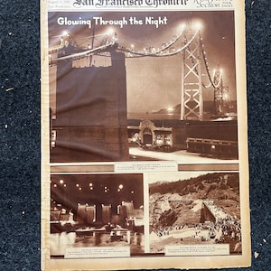 1936 SF Nightlife and Bridges, San Francisco Souvenirs, Celebration of SF Pride History, Bay Area Bridge, vintage Newspaper