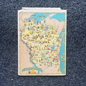 1931 Cartoon WISCONSIN-afbeeldingskaart, originele Atlas-pagina, Cottage Core Art, vintage wanddecor, collectible westerse stijl, mormoonse kunst