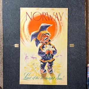 Cartel de viaje original de la tierra de Noruega del sol de medianoche - Cartel de ferrocarril vintage Decoración de pared de arte de viaje