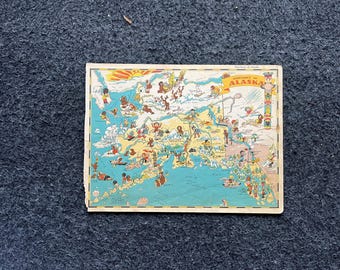 1931 Cartoon ALASKA Pictorial Map, Original Atlas Page, Cottage Core Art, Vintage Wall Decor, Collectible Western Style, Comic Gifts