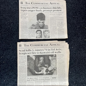 1991 beginnt der Betrieb Wüstensturmkrieg - Original Vintage-Zeitung - George Bush Sr erklärt dem irakischen Kuwait-Befreier Washington Post den Krieg
