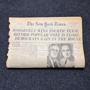 Seconda guerra mondiale 1944 FDR eletto alla quarta presidenza - Elezioni di Franklin Delano Roosevelt, Grande depressione - Giornale d'epoca originale Politica americana