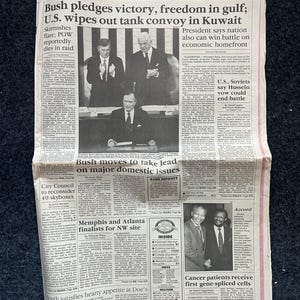1991 Betrieb Desert Storm Krieg und Frieden Erklärungen Tag der - Original Vintage Zeitung - George Bush Sr erklärt dem irakischen Kuwait den Krieg