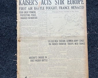 1914 Germany Moves For War on Russia, World War One Memorabilia, Vintage WWI Newspaper and History Gifts, German Russian Wall Decor,