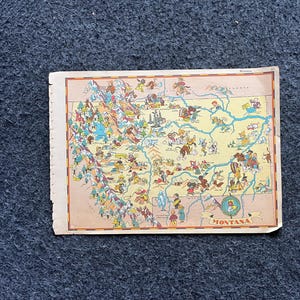 1931 Cartoon MONTANA-afbeeldingskaart, originele Atlas-pagina, Cottage Core Art, vintage wanddecoratie, verzamelobject westerse stijl, komische geschenken