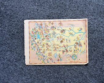 1931 Cartoon MONTANA Pictorial Map, Original Atlas Page, Cottage Core Art, Vintage Wall Decor, Collectible Western Style, Comic Gifts
