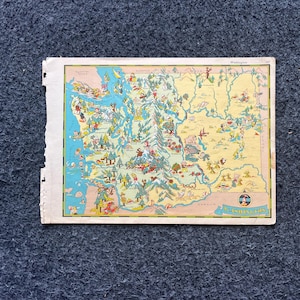 1931 Cartoon WASHINGTON-afbeeldingskaart, originele Atlas-pagina, Cottage Core Art, vintage wanddecoratie, collectible westerse stijl, komische geschenken