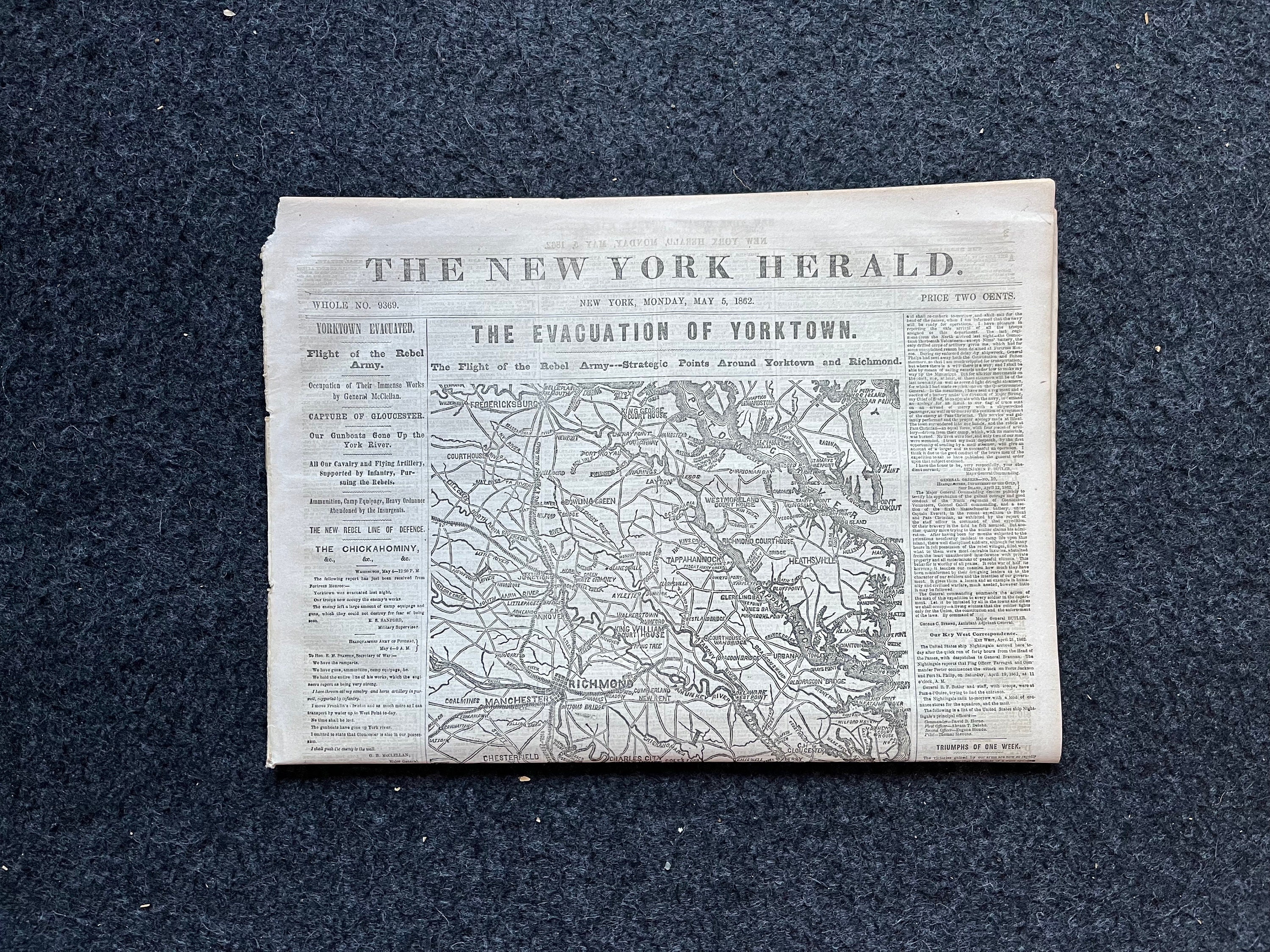 1862 Siege of Yorktown, Civil War Map Original Newspaper, Virginia History Memorabilia, Gifts for Dads Civil War Decor, Reenactment Gifts,